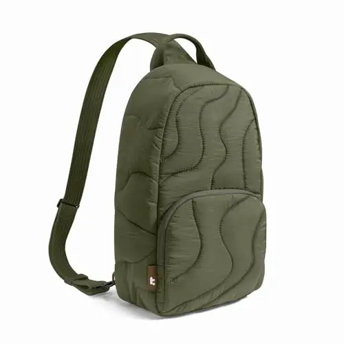 Tomtoc puffy quilted sling bag in black, showing a modern, curved design
