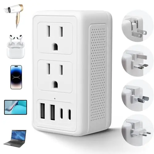 White Mapambo voltage converter with foldable plugs and USB ports