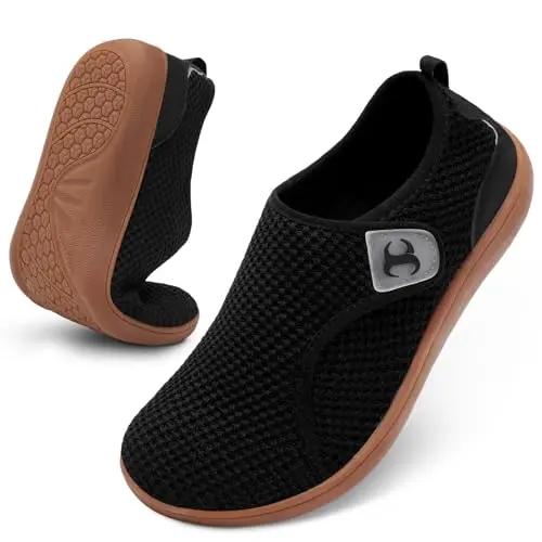 Men's minimalist grey slip-on shoes with an adjustable strap and zero-drop sole.