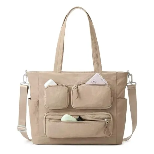 G4Free khaki colored lightweight puffer tote bag with multiple front pockets.