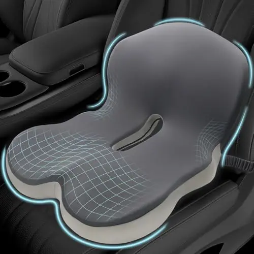 Mosxoed two-tone gray memory foam seat cushion with an adjustable fabric strap