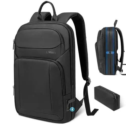 Lixiin expandable black backpack in slim and expanded modes