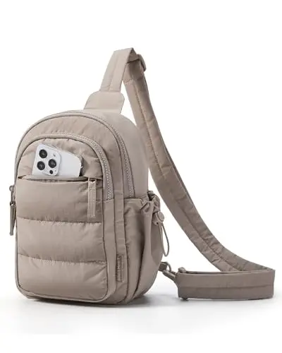 Camel colored quilted puffer sling bag by BAGSMART with multiple zippers