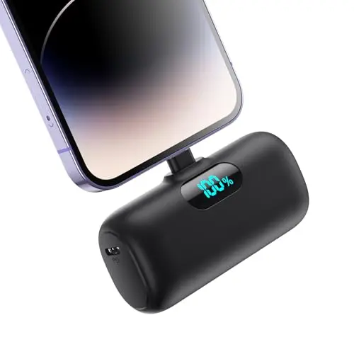 Small black HETP mini portable charger for iPhone with LCD screen