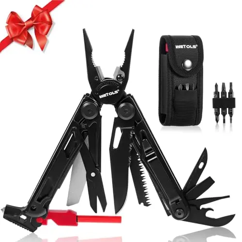 Black WETOLS 27-in-1 multi-tool with pliers extended, showing multiple tools and a sheath.
