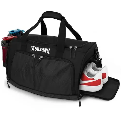 Spalding large black gym duffel bag with multiple compartments labeled.