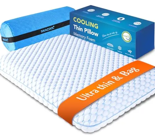 Iwacool thin blue and white memory foam pillow for stomach sleepers