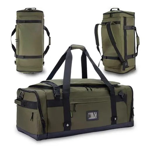 Black tactical duffel bag that can convert to a backpack, with MOLLE webbing.
