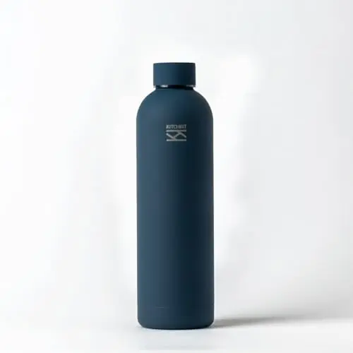 KITCHKIT 25oz insulated stainless steel water bottle in navy blue with a minimalist design