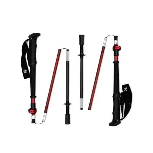 WindQuester Strider Z carbon fiber trekking poles in Crimson Ash color, folded compactly.