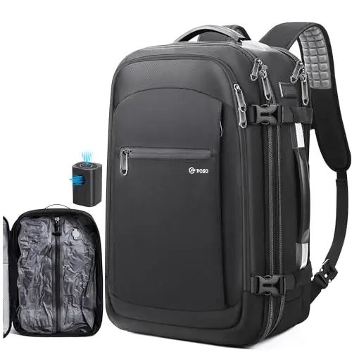 Black vacuum compression travel backpack with a pump, shown in compressed and expanded states.