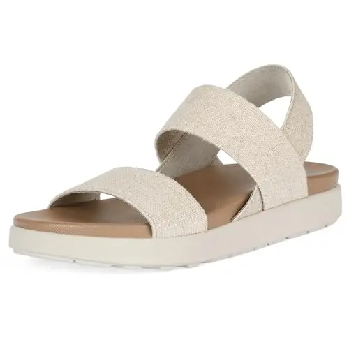 PTUPLYU women's platform flat sandals in beige with an ankle strap and arch support footbed
