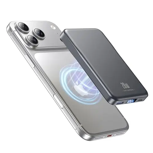 Aobbow magnetic power bank with dual charging ports attached to a phone