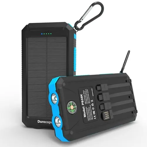 Durecopow solar power bank with built-in charging cables