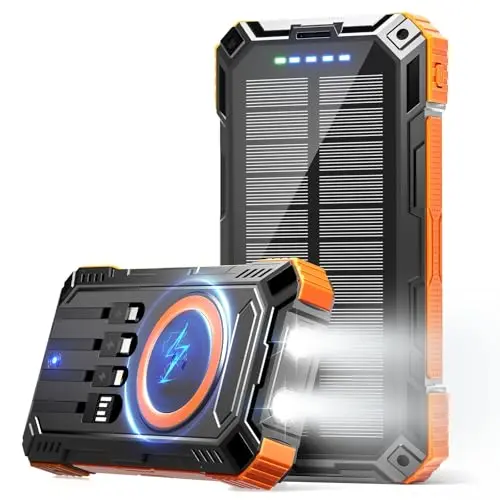JSKEI orange solar power bank with built-in cables and flashlight