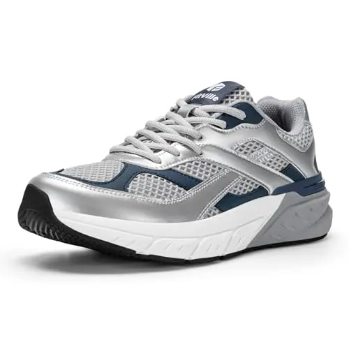 FitVille Rebound NEO V6 extra wide walking sneakers in a silver and navy retro design.