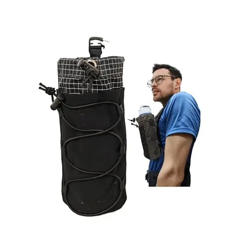 FIOTCEL extended-height ultralight water bottle holder attached to a backpack shoulder strap.
