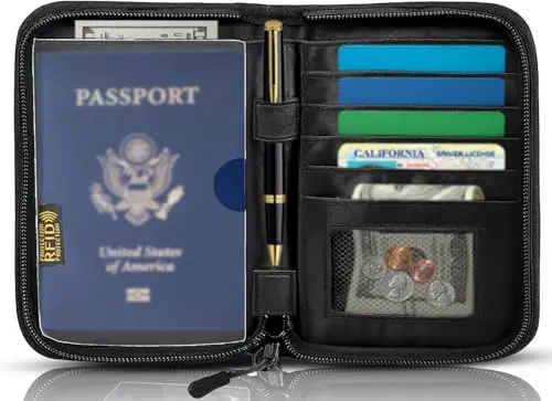 Black all-in-one family travel passport wallet organizer with multiple zippers