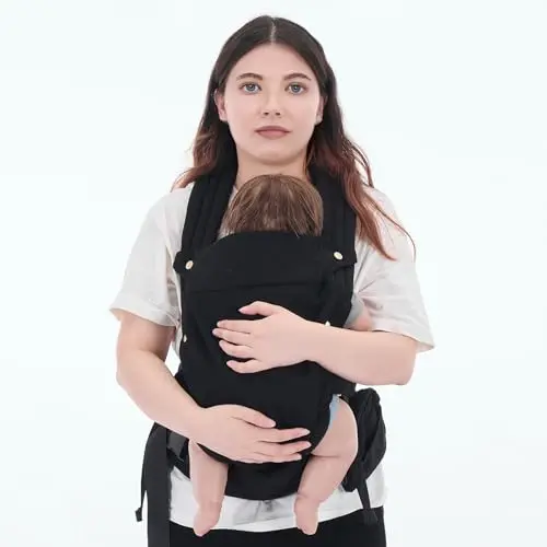 Gentle Monster breathable mesh baby carrier in black, noted for its plus-size friendly design and X-shaped back.