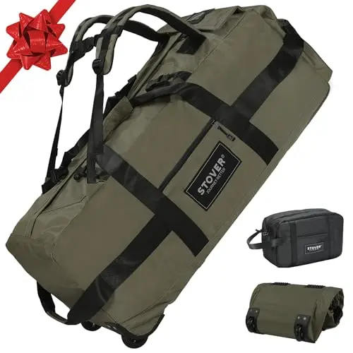 STOVER green rolling duffel bag convertible to a backpack with multiple straps