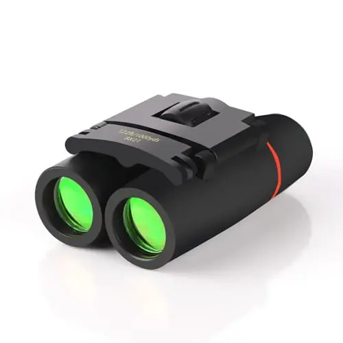 POXXU 8x21 ultra-compact black binoculars next to a cruise compass
