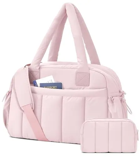 Lightweight puffy black duffle bag for women with quilted design and top handles