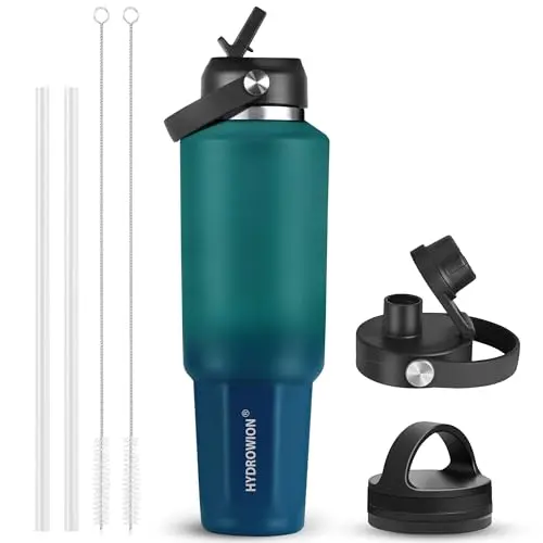 HYDROWION 40oz insulated stainless steel water bottle with three different lids.