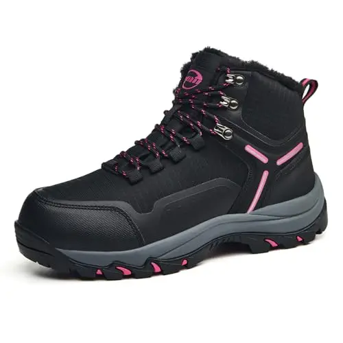 JEDIBAU women's pink waterproof ankle hiking boot with plush fleece lining.