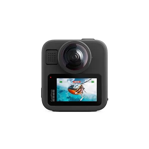 GoPro MAX2 360 camera mounted on a helmet in a snowy mountain environment.