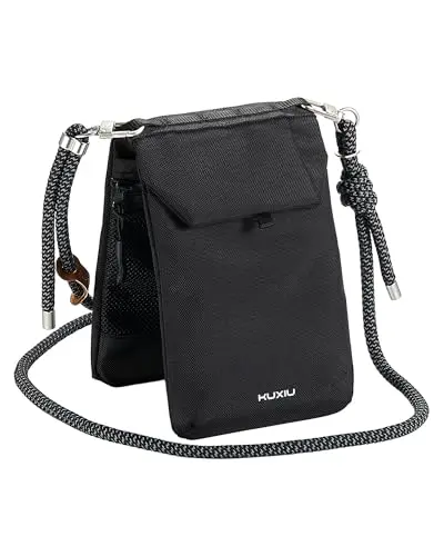 KU XIU small black nylon crossbody phone purse with a magnetic flap.