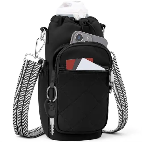 SYTRAH black insulated crossbody water bottle bag with multiple pockets.