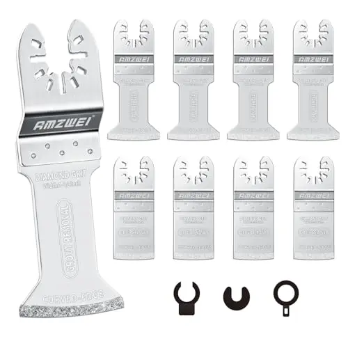 AMZWEI 8-piece set of curved-edge diamond oscillating tool blades for grout removal.