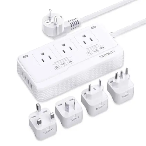 White TREVOLTY voltage converter with multiple AC outlets and USB ports