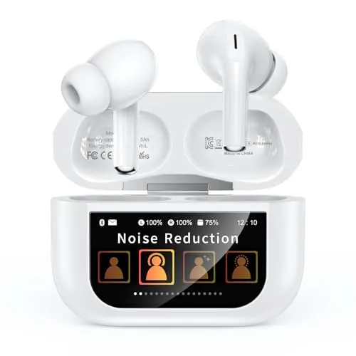 Szwdo T20 white wireless earbuds with innovative touchscreen charging case