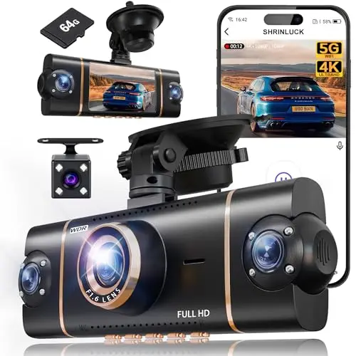 Restaswork 4-channel dash cam with compact black and gold design