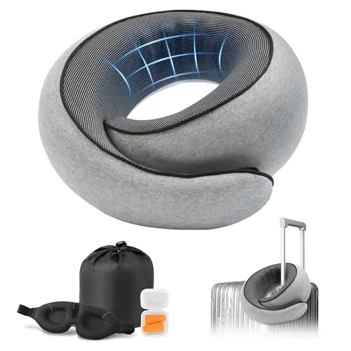 Purroch grey memory foam travel neck pillow with eye mask and ear plugs set